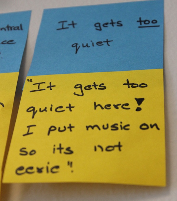 A sticky note showing a comment about noise level