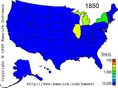 Cady distribution map which cycles through data from 1850, 1880, 1920, and 1990 U.S. census data