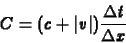 \begin{displaymath}
C=(c+\vert v\vert)\frac{\Delta t}{\Delta x}
\end{displaymath}
