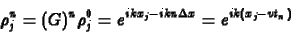 \begin{displaymath}
\rho^n_j = (G)^n \rho^0_j = e^{i k x_j -i k n \Delta x} =
e^{i k (x_j - v t_n)}
\end{displaymath}