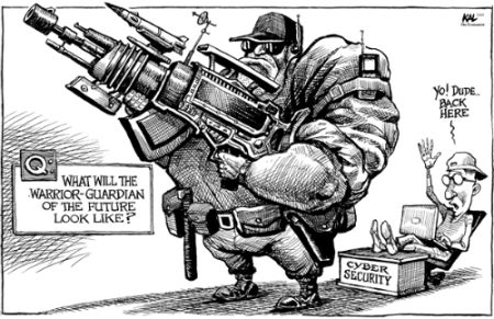 This image is a political cartoon. It asks the question: what will the warrior-guardian of the future look like? A drawing of an enormous, muscular soldier, laden with all manner of technology and weaponry, stands tall over a drawing of a tiny computer nerd, sitting with his feet on his desk and a laptop on his lap. On his desk, a sign reads: Cyber Security. The computer nerd, answering the cartoon's question, says: Yo! Dude. Back here.