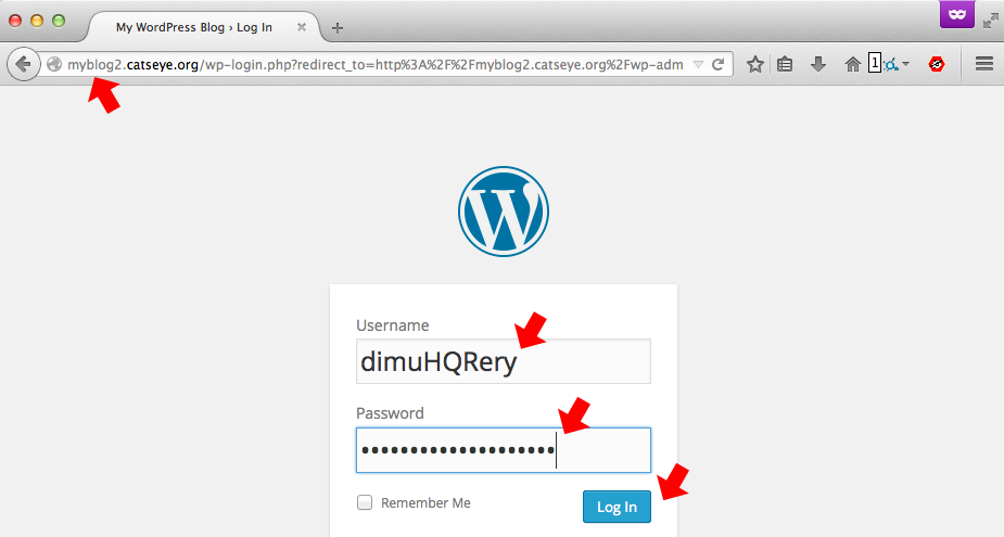 Attacker logging in to WordPress using the credentials created by the successful exploit