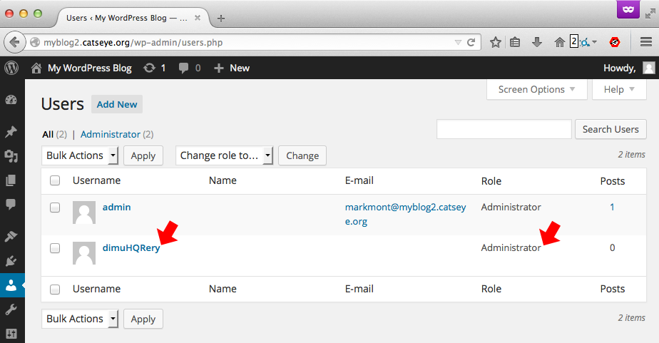 Screenshot of the WordPress Users page, showing the new administrative user