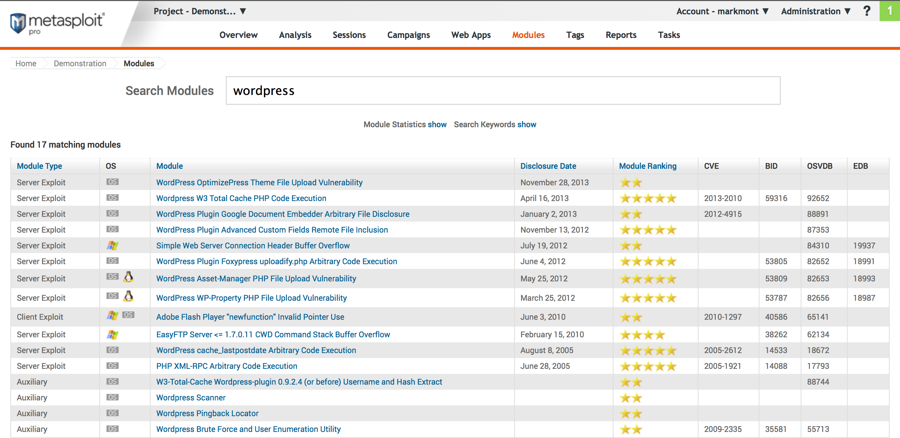 Screenshot of the Metasploit exploit modules for WordPress