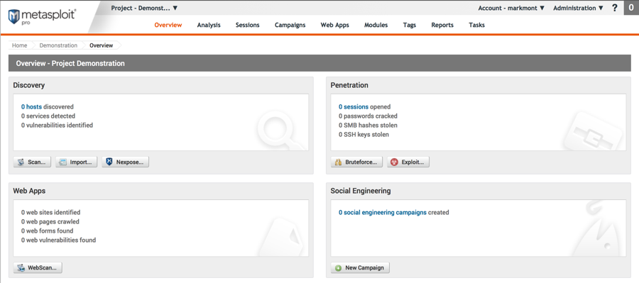 Screenshot of the Metasploit web interface project overview page