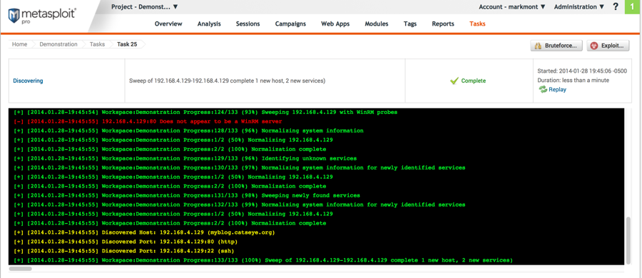 Screenshot of the Metasploit web interface after finishing a scan