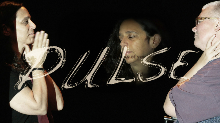 two women facing each other, holding their own throats, the word 'pulse' between them