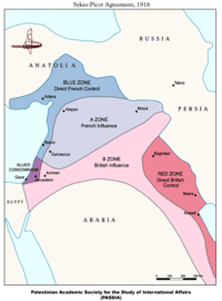 Zones of French and British influence and control proposed in the Sykes-Picot Agreement