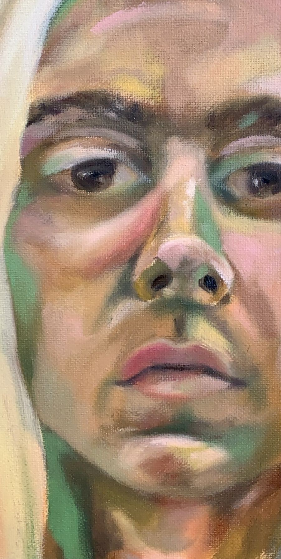This is a self portrait made with oil paints on canvas using color blocking method.